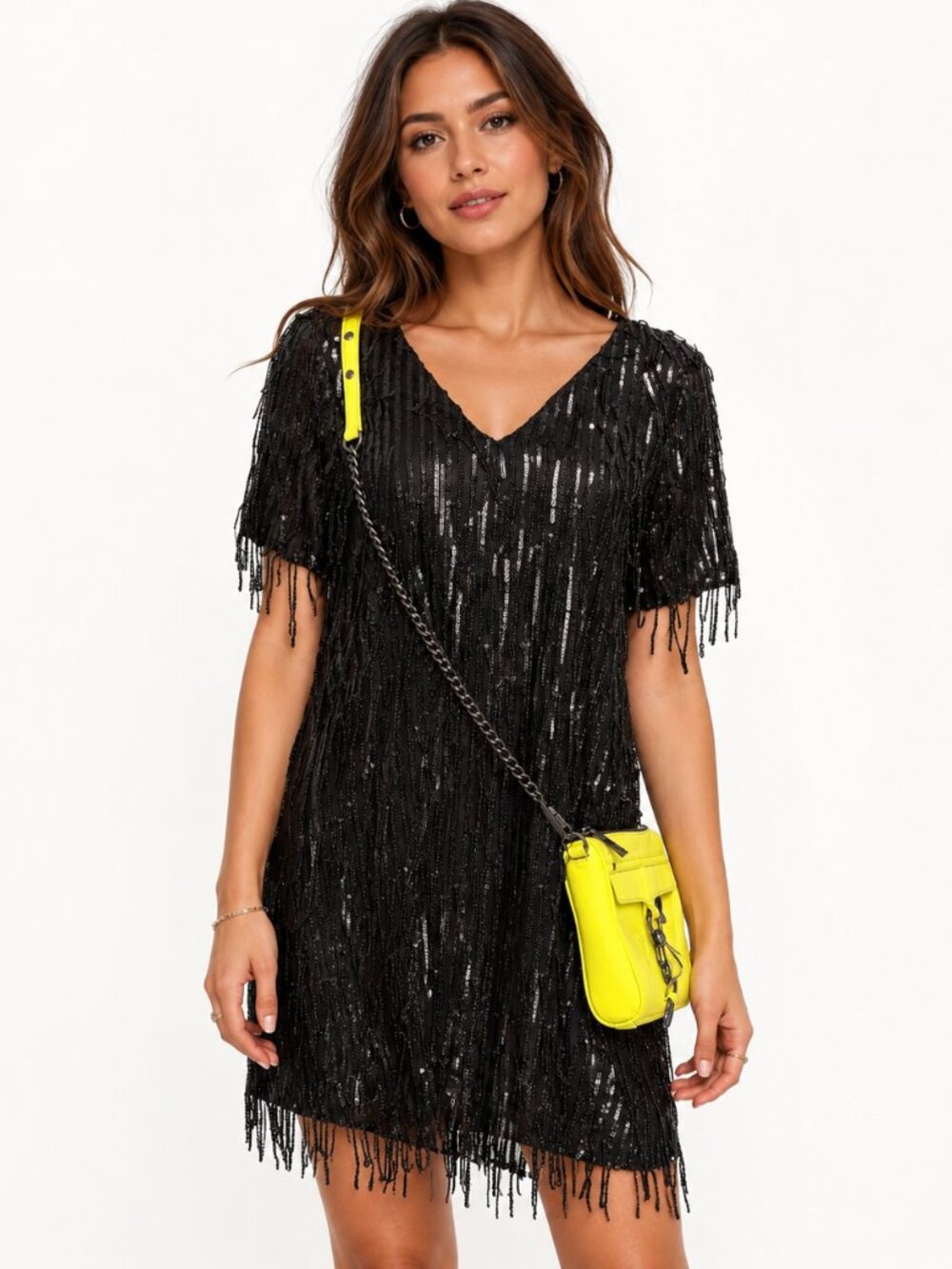 Zara Black Sequin Fringe V-Neck Mini Dress Size S